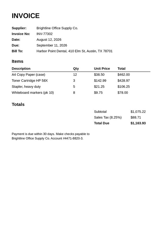 Photographed test invoice from Brightline Office Supply Co., the document being scanned